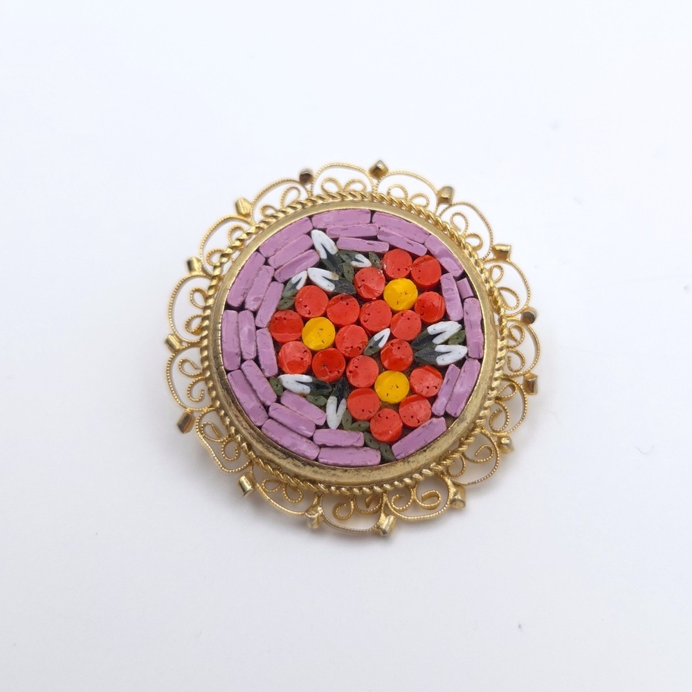 Vintage Italian Micro Mosaic Floral‎ Brooch Gold Tone Filigree Round Pin